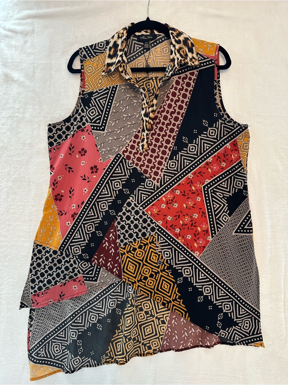 Melissa Paige Multicolor Patchwork-Print Sleeveless Collared Tunic top